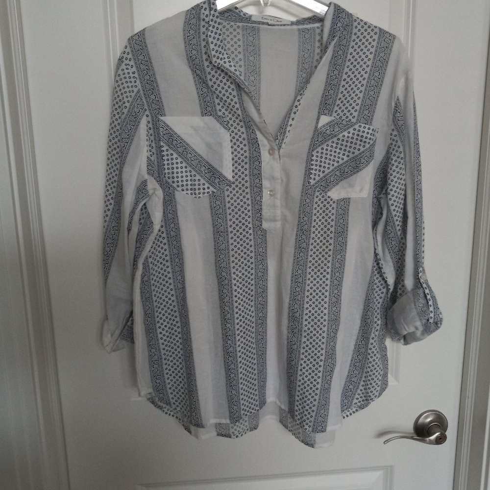 Eden & Olivia Women's Size L White Blue 100% Cotton Top Shirt Tunic EXCELL